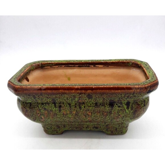 Vintage Haeger Pottery Green Brown Splattered 9.5" Glazed 4 Footed Planter - Picture 1 of 8